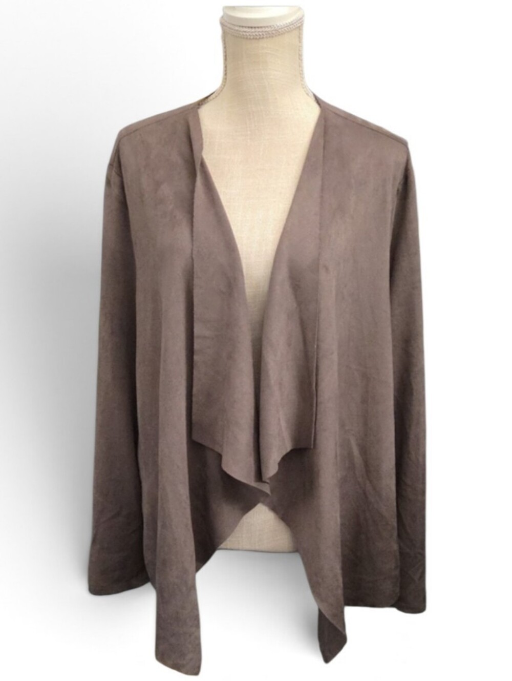 She + Sky Taupe Suede-Feel Open Front Draped Cardigan